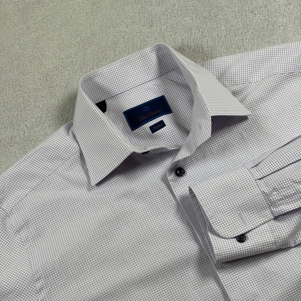 David Donahue Trim Fit Dress Shirt Mens 15.5 34/35 Purple White Micro Check Med